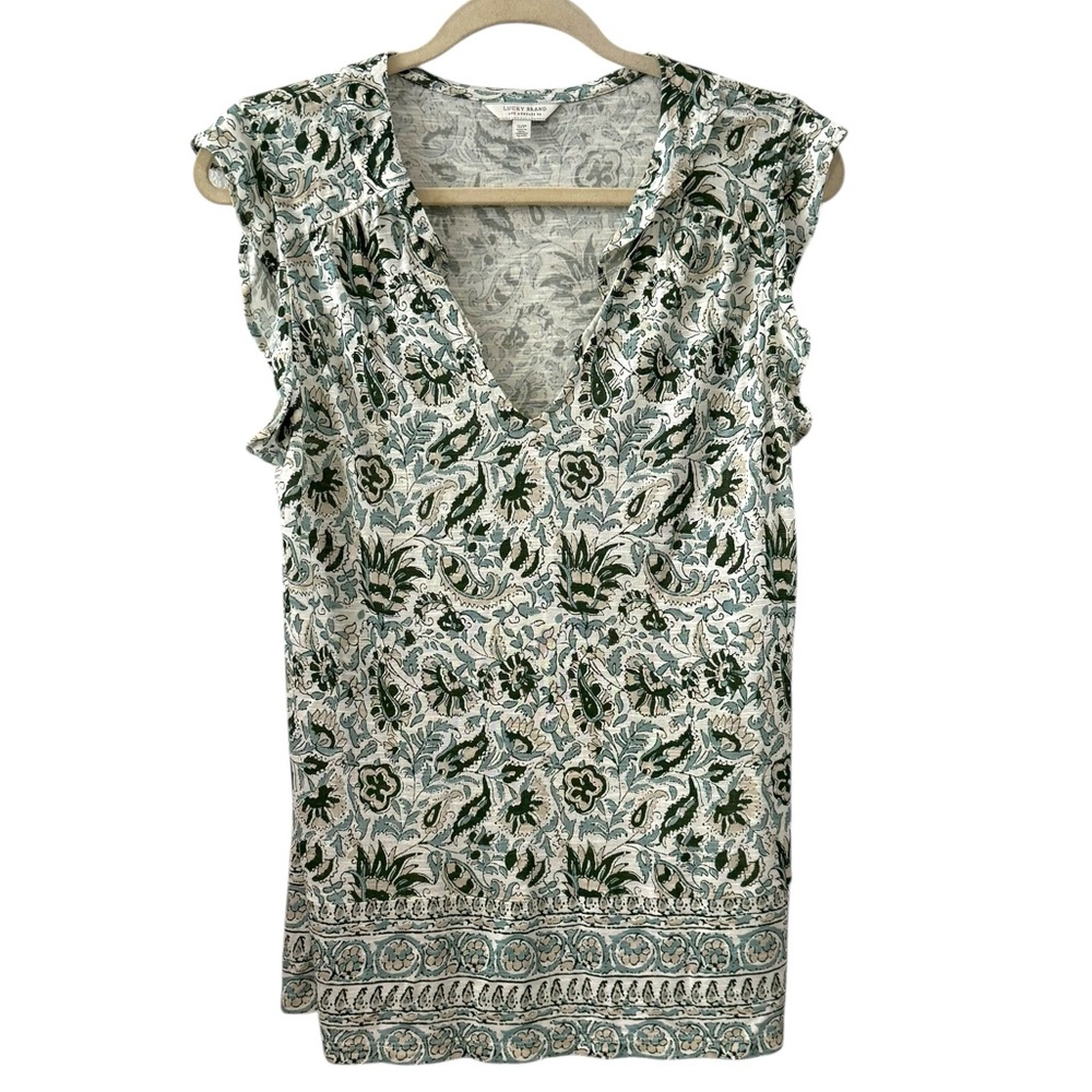 Lucky Brand Small Green White Boho Paisley Floral Ruffle Sleeve V-Neck Blouse